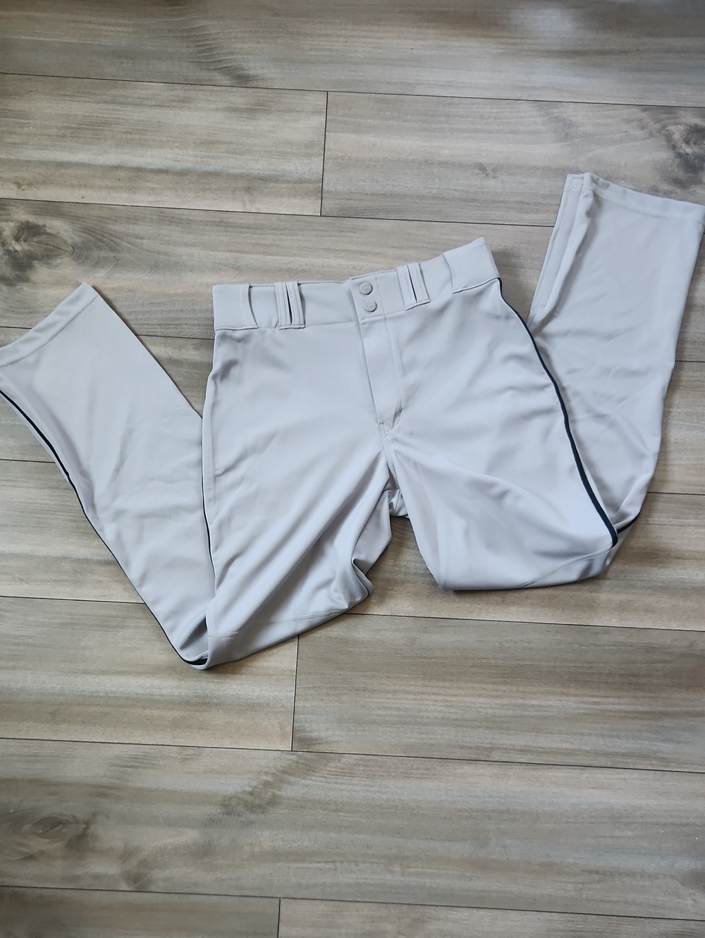 Men's Light Gray Athletic Baseball Softball Pants with Black Side Stripe M